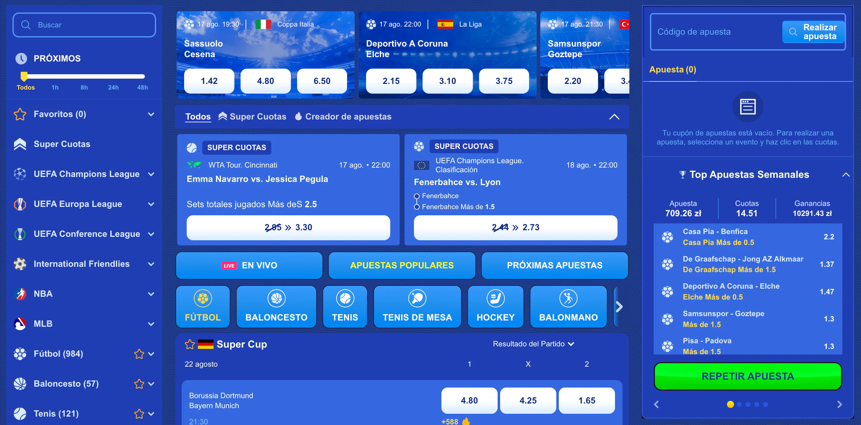 Apuestas deportivas en línea en la sección de deportes de Pistolo Casino